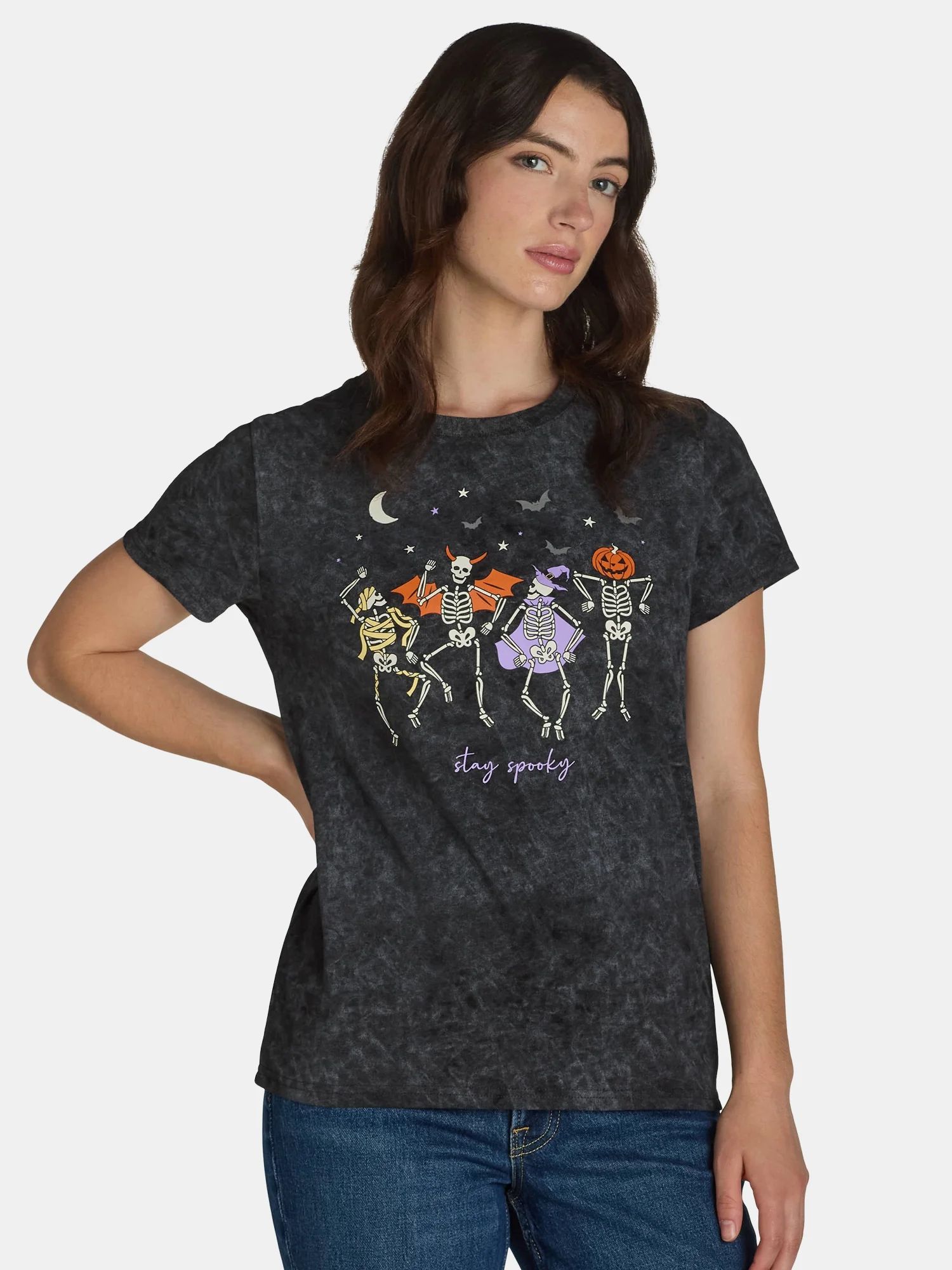 Halloween Women’s Mineral Wash Stay Spooky Graphic Print Tee, Sizes XXS-XXL | Walmart (US)