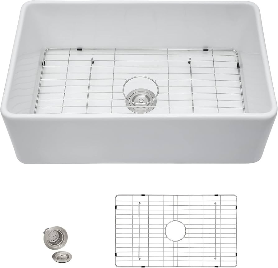 33 Farm Sink White - Fulorni 33 x20 Farmhouse Kitchen Sink Flat Apron Front White Ceramic Porcela... | Amazon (US)