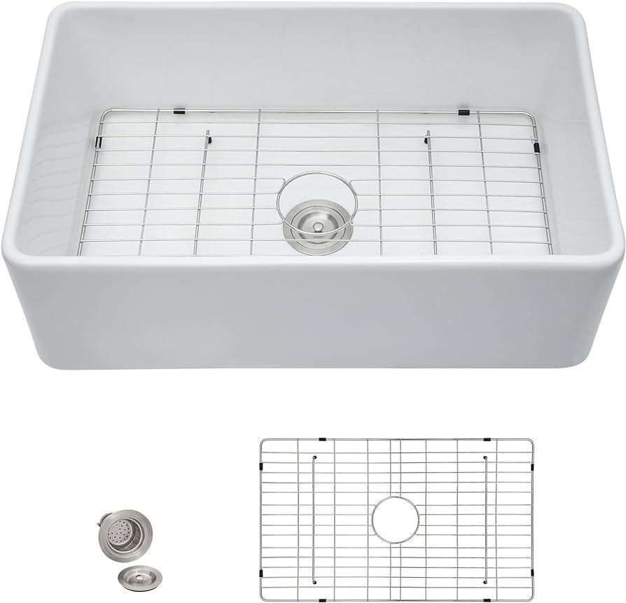 33 Farm Sink White - Fulorni 33 x20 Farmhouse Kitchen Sink Flat Apron Front White Ceramic Porcela... | Amazon (US)