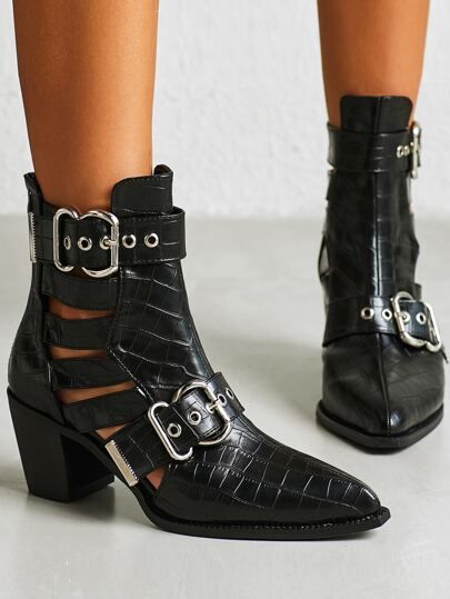 Buckle Decor Croc Embossed Chunky Heeled Boots | SHEIN