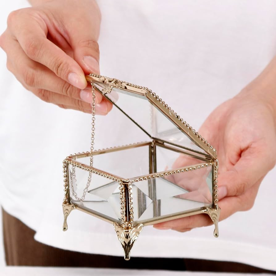 Rectangular Vintage Glass Jewelry Box with Hinged Lid,3.3x3.3x2.3Inches, Keepsake Box Storage for... | Amazon (US)