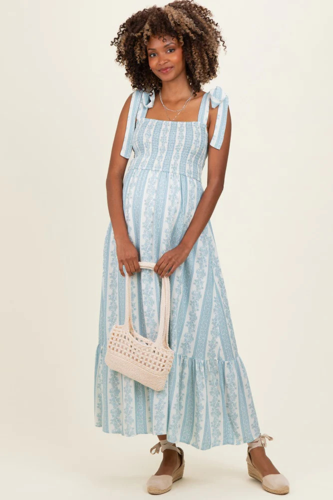 Sky Floral Stripe Smocked Shoulder Tie Maternity Midi Dress | PinkBlush Maternity