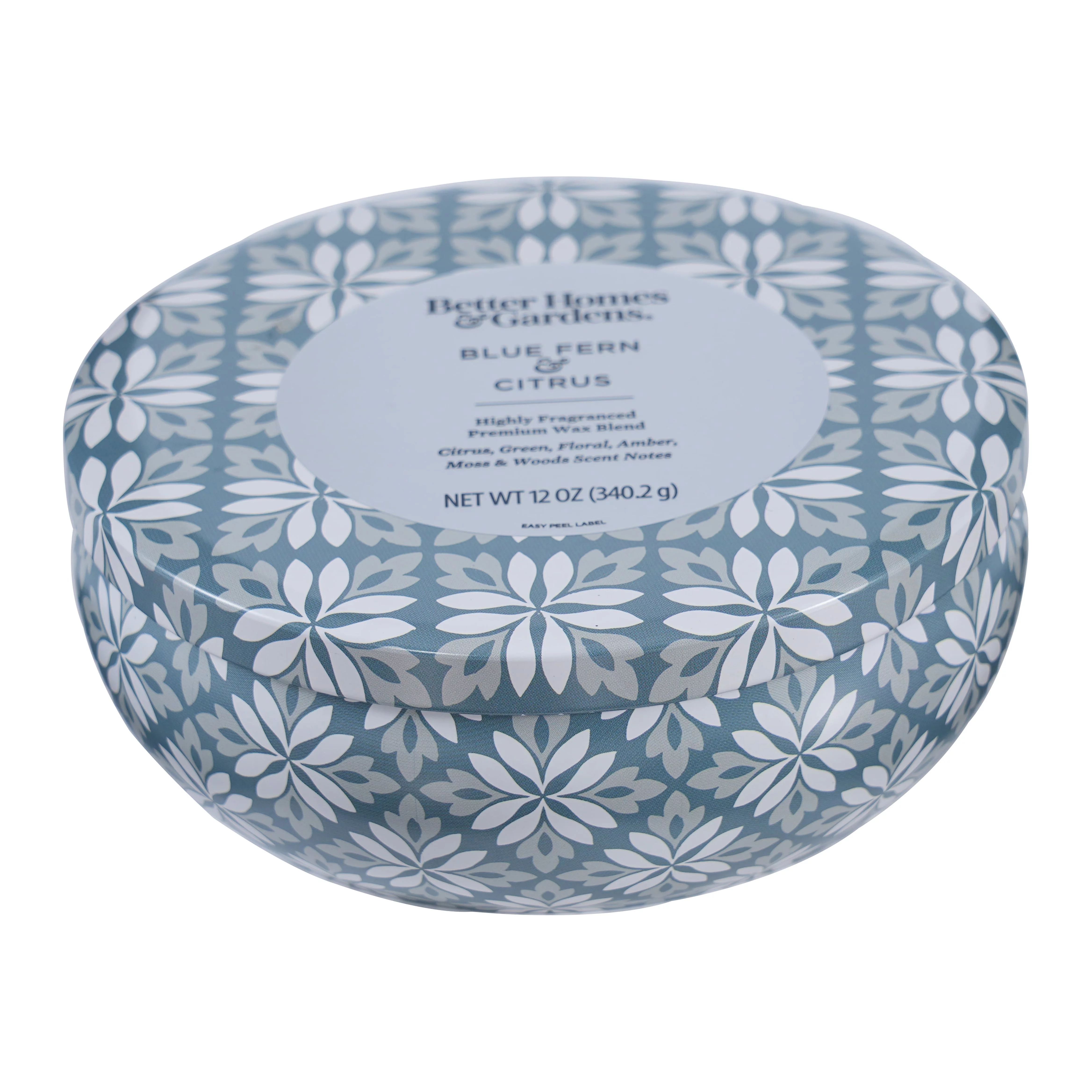 Better Homes & Gardens 12oz Blue Fern & Citrus Scented 3-Wick Tin Candle | Walmart (US)