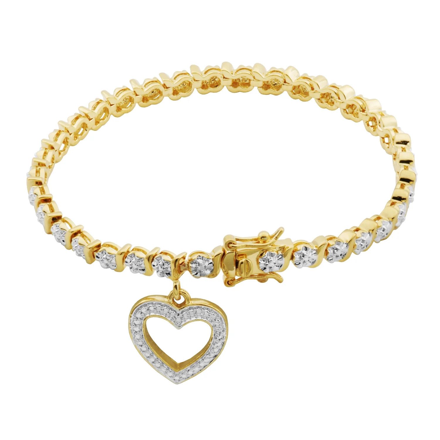Forever Facets Women's 18K Yellow Gold Plated Diamond Accent Open Heart Charm Tennis Bracelet, 7.... | Walmart (US)