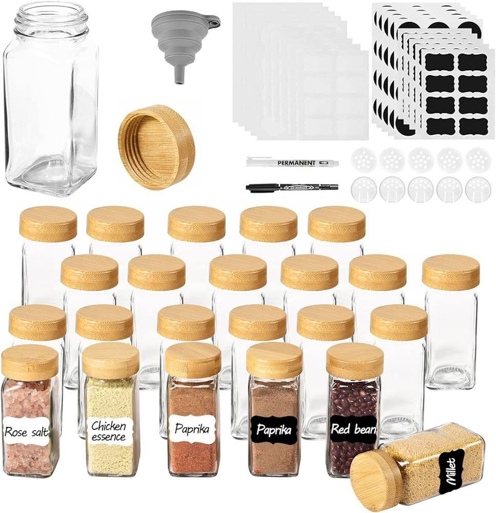Asueilc 24 Spice Jars with Labels, 4oz Square Glass Spice Jars with Airtight Bamboo Lids and Shak... | Amazon (UK)