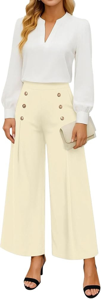Womens Elastic High Waisted Wide Leg Pants Loose Casual Long Palazzo Trousers with Button Decor a... | Amazon (US)