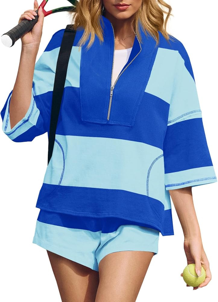 Fisoew Womens 2 Piece Outfits Summer Striped Sweatshirt Workout Shorts Sets Matching Lounge Set T... | Amazon (US)