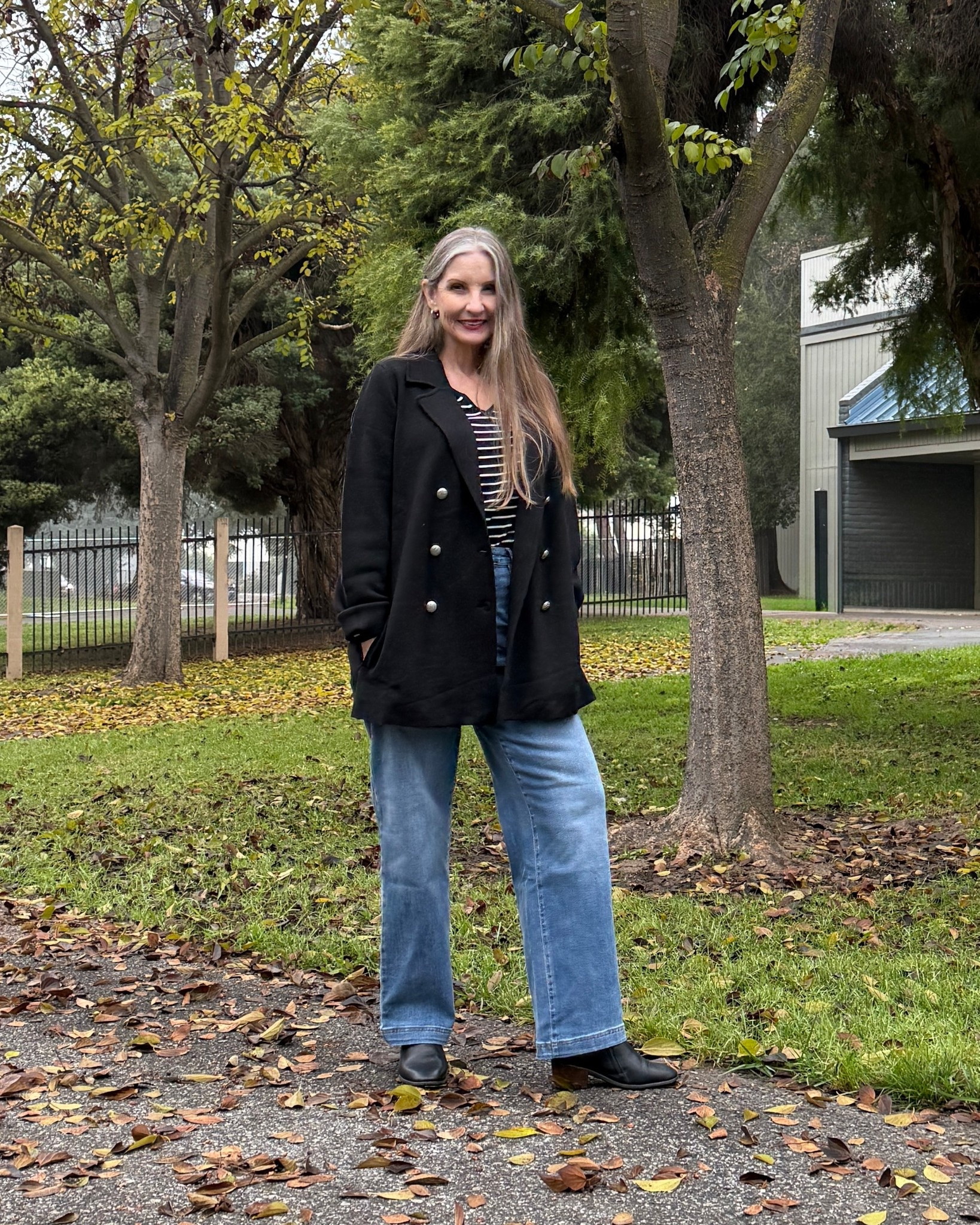 Quality, versatile classics! Double-breasted knit blazer, worn with striped sweater & stretch wide-leg jeans. For sweater size down. Jeans true to size & available in regular & curvy cuts! #teacherstyle #midsizestyle #size10 #teqcherootd #weartowork 

#LTKOver40 #LTKMidsize #LTKWorkwear