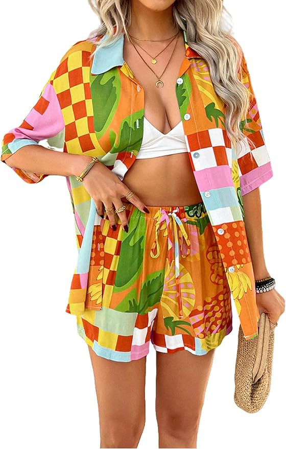 Women's 2 Piece Outfits Boho Tropical Print Short Sleeve Shirts Lounge Shorts Summer Vacation Haw... | Amazon (US)