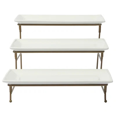 Gibson Home Gracious Dining Dinnerware, 3-Tier Rectangle Plate Serving Set with Gold Metal Stand, White | Wayfair North America