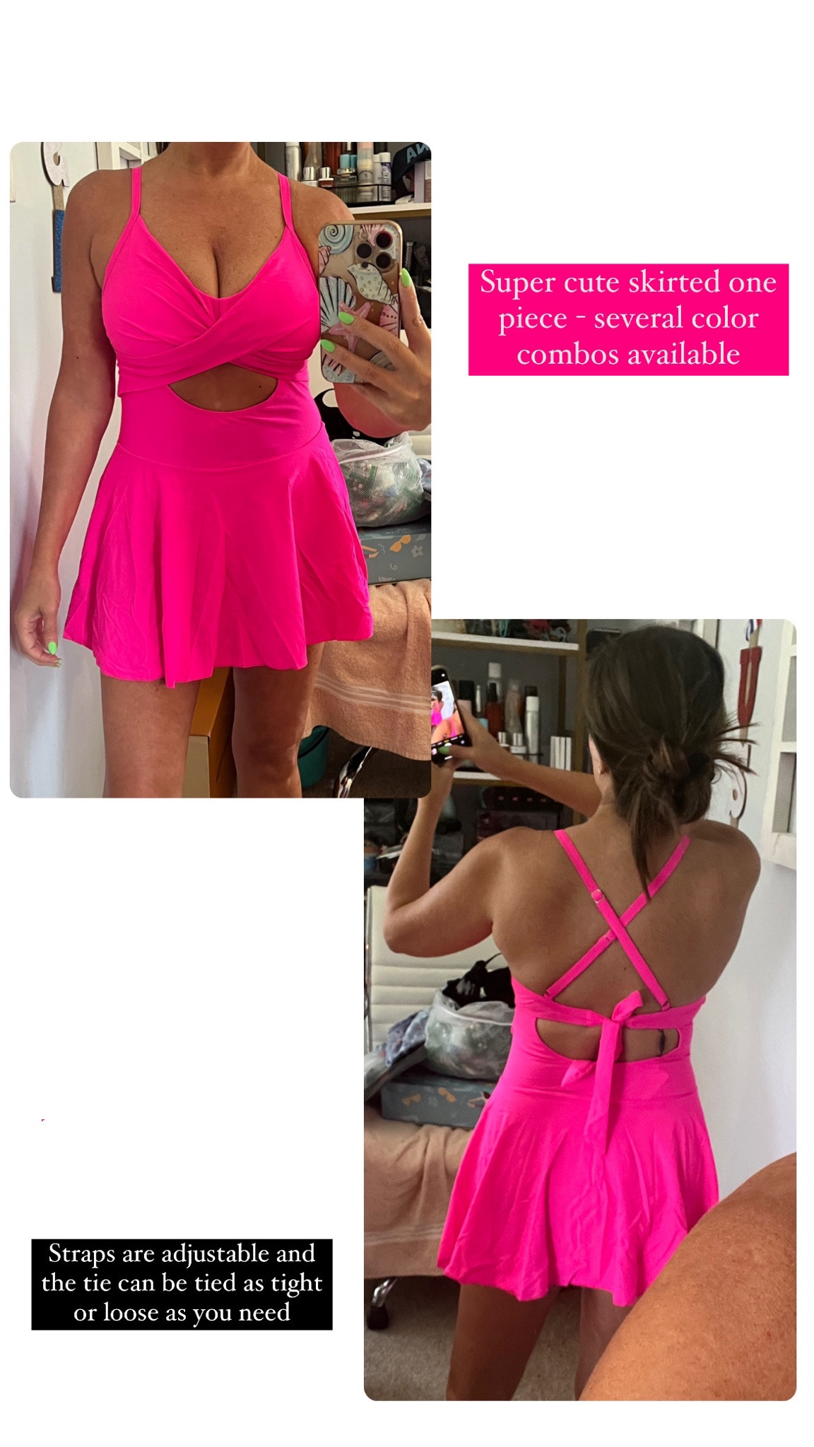 Skirted one piece swimsuit - would be cute to wear if you needed to run and get lunch or dinner at the docks after a day at the beach or on the boat. Straps and tie are totally adjustable.

I’m in a medium. 

Swimwear, beach outfit, beach fashion, vacation outfit, one piece bathing suit, hot pink bathing suit, neon bathing suit, Amazon swimwear 

#LTKSeasonal #LTKFindsUnder50 #LTKSwim