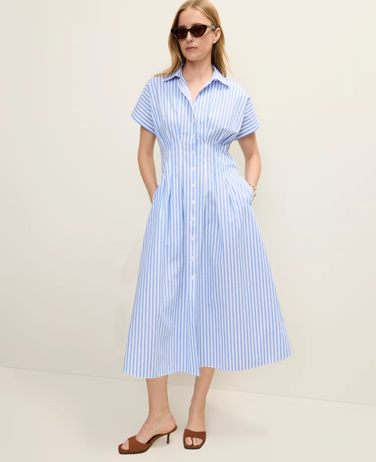 Weekend Striped Pleated Midi Shirtdress | Ann Taylor