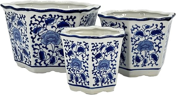 Galt International Blue & White Floral Porcelain Ceramic Decorative Flower Pot 8"/6"/4.5" Garden ... | Amazon (US)