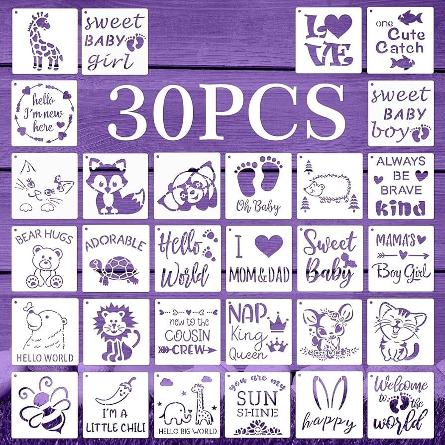 30 Pieces Baby Shower Stencils for Painting, 5 Inch Cute Onesie Stencil Reusable Mixed Phrase Pai... | Amazon (US)