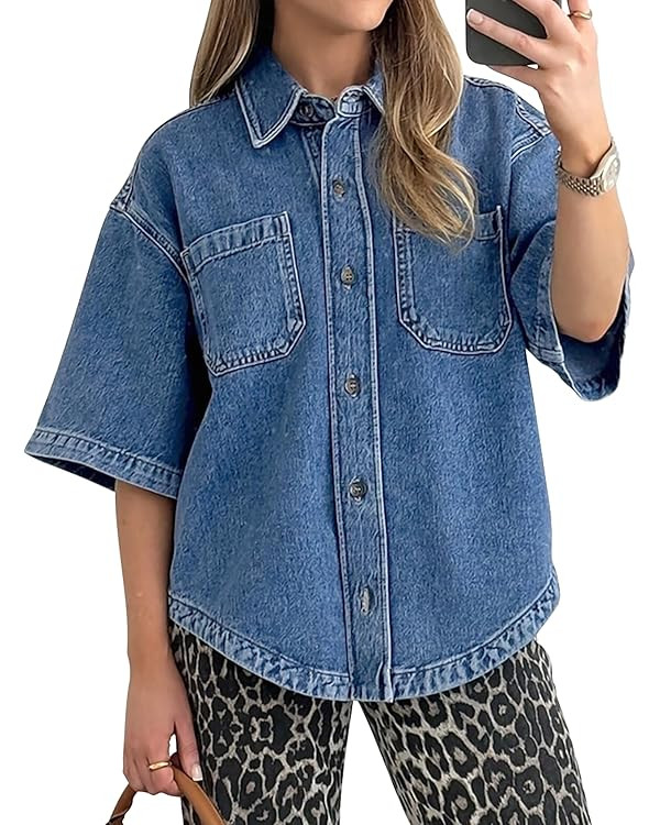 Women's Denim Shirt, Button Down Short Sleeve Jean Shirts Casual Top Outfits Trendy | Amazon (US)