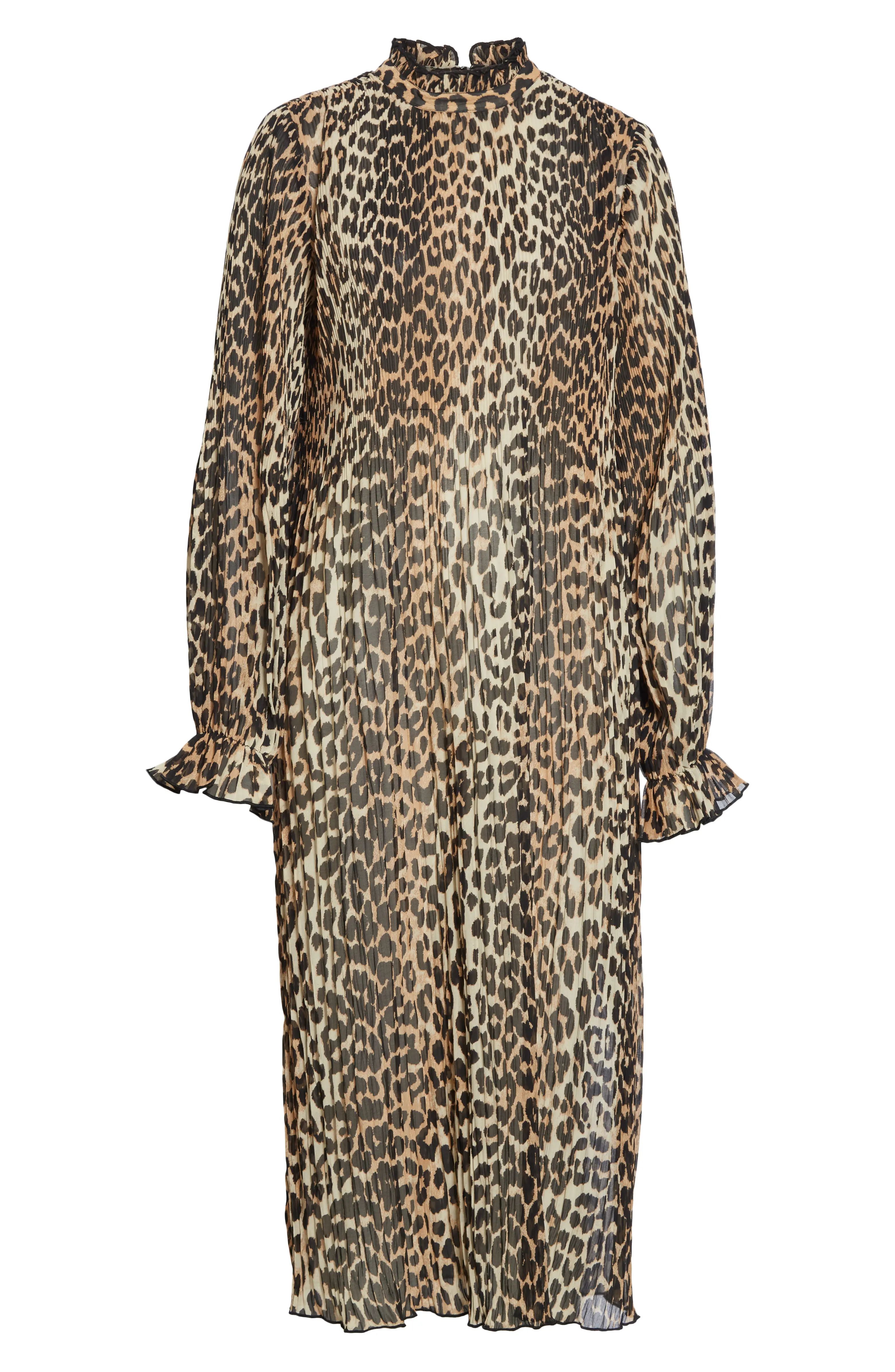 Leopard Print Sheer Georgette Long Sleeve Midi Dress | Nordstrom