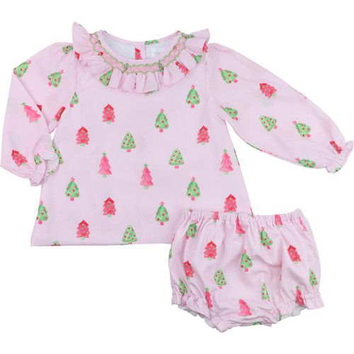 Pink And Green Christmas Tree Smocked Diaper Set | Cecil and Lou