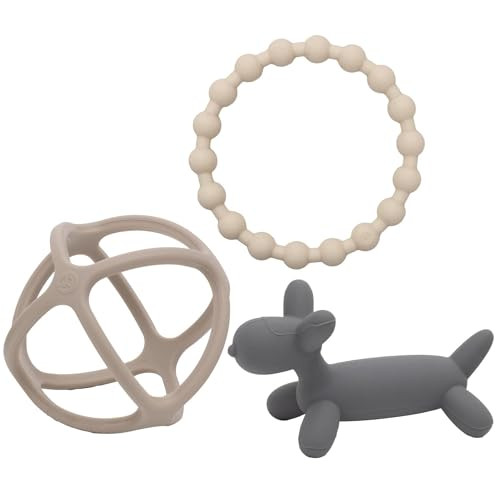 WeeSprout Silicone Baby Teether Toys for Infant Babies and Toddlers, Cute Ring, Puppy Dog, and Ball, Soft and Flexible, BPA Free, Boys and Girls (Matte Dark Gray, Tan & Off White) | Amazon (US)