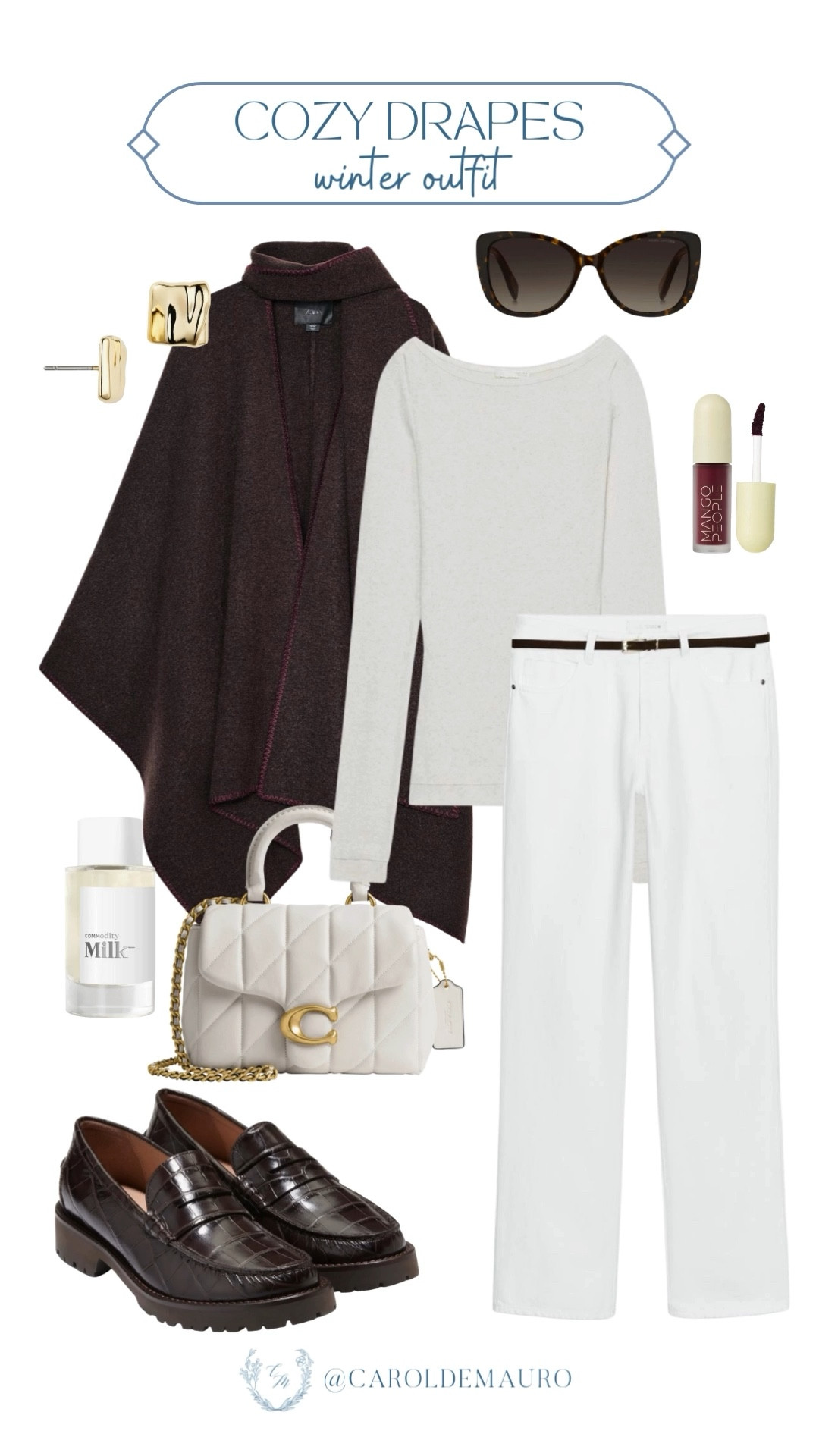 Achieve that iconic and trendy look with some cozy drapes! All you need is a brown knit cape, a long sleeve top, and white straight leg jeans.

it girl look, clean girl aesthetic, winter outfit, fashion trend, leather loafers, coach, minimalist look, everyday accessories

#LTKU #LTKFindsUnder50 #LTKSeasonal
