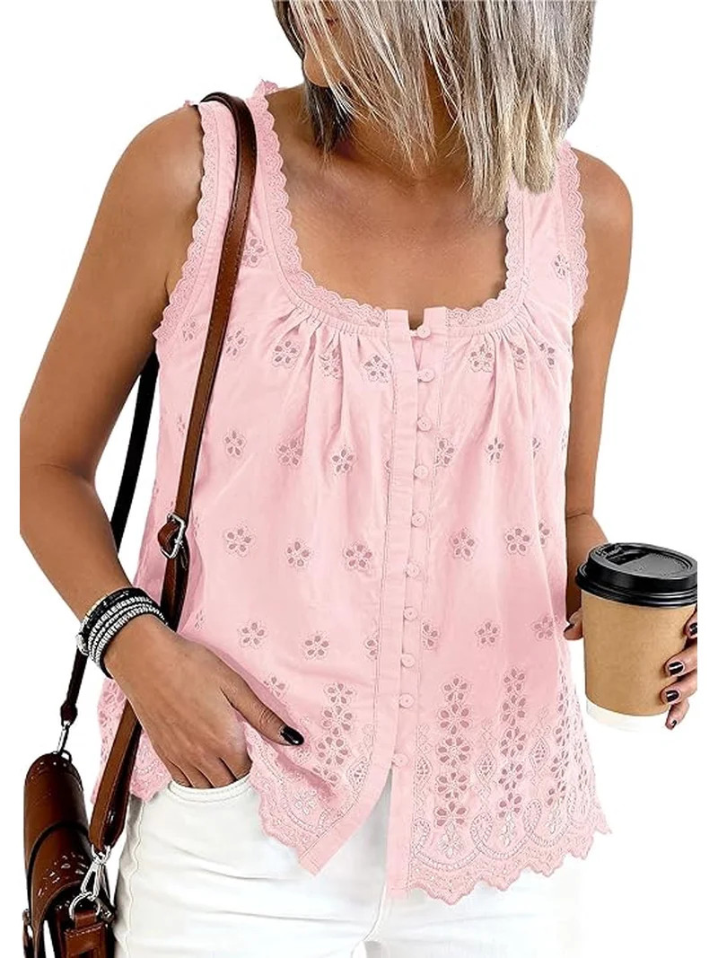 PRETTYGARDEN Womens Tank Tops Summer Button Down Shirts Embroidered Eyelet Dressy Casual Blouses ... | Walmart (US)