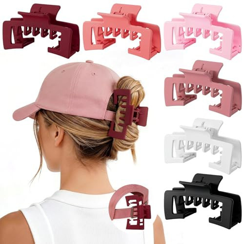 6 Pcs Hat Claw Clip for Women, Hat-Friendly Claw Clips for Baseball Cap & Trucker Hat - 4.1 Inch Large Hat Claw Clip for Medium/Thick Hair, Non-Slip Baseball Hair Clips for Hats Hairstyle, Pink | Amazon (US)