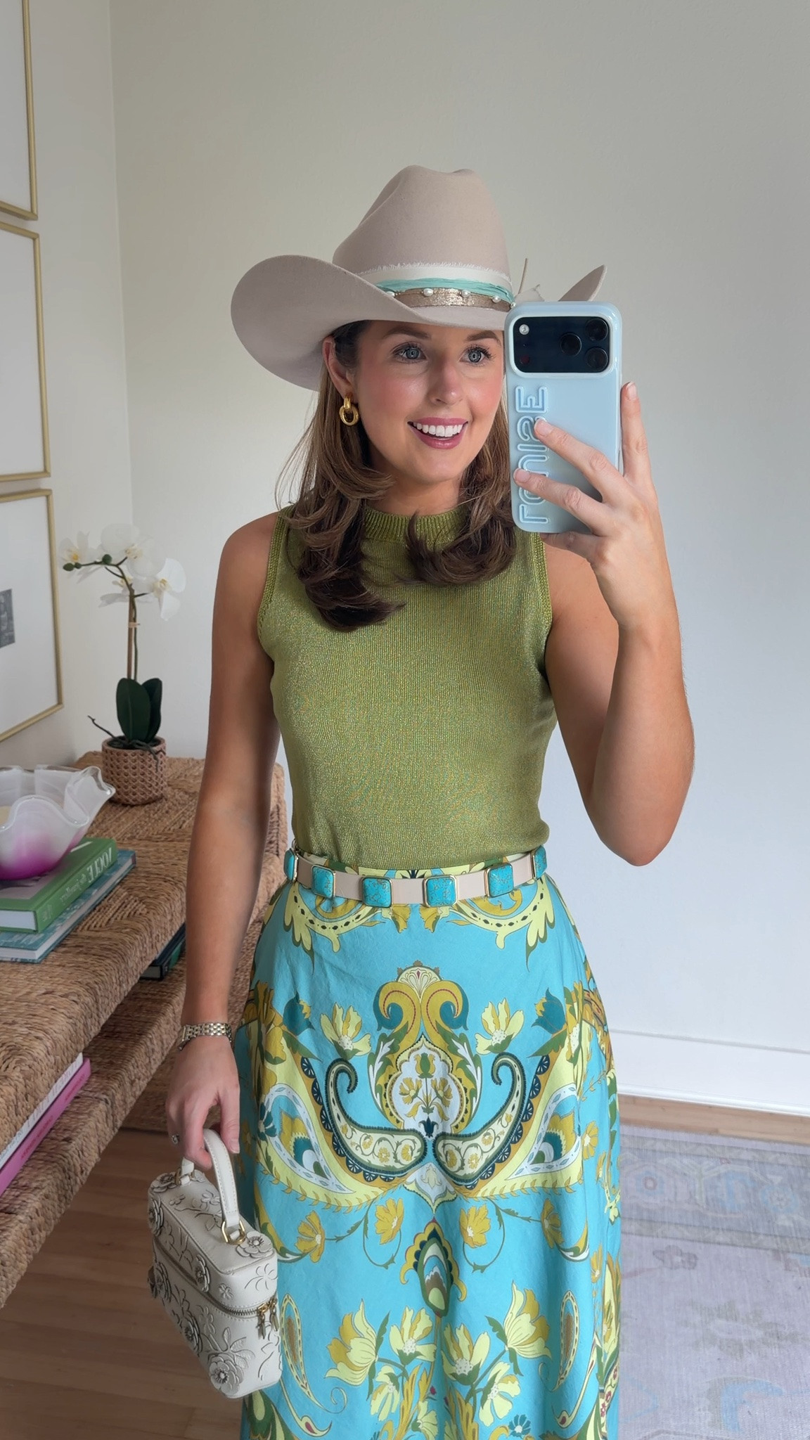 Western chic outfit idea! Wearing an XS in sweater and S in skirt! Hat was custom made. Boots are from Petite Paloma