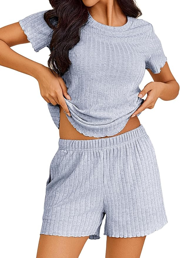 Ekouaer Pajamas Sets for Women Ribbed Knit Sleepwear Set Soft Short Sleeve Pjs with Pockets Casua... | Amazon (US)