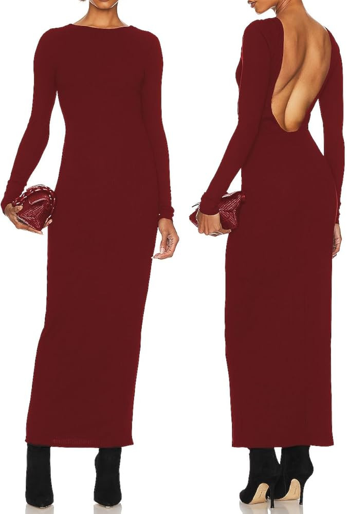 ALENDA DANMOS Womens Fall Long Sleeves Boat Neck Bodycon Maxi Dress Open Back Formal Dress Elegan... | Amazon (US)