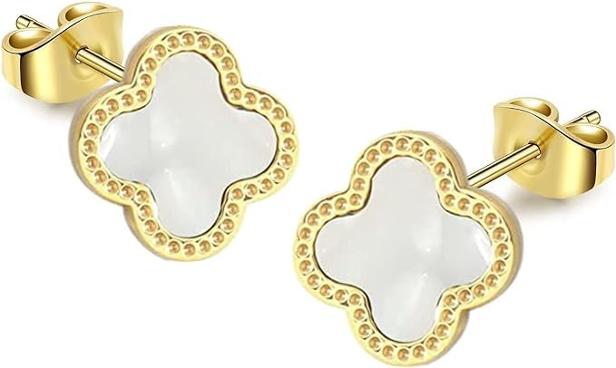 HighSpark Clover Earrings for Women | Hypoallergenic Clover Stud Earrings | Lovely Gift - White | Amazon (US)