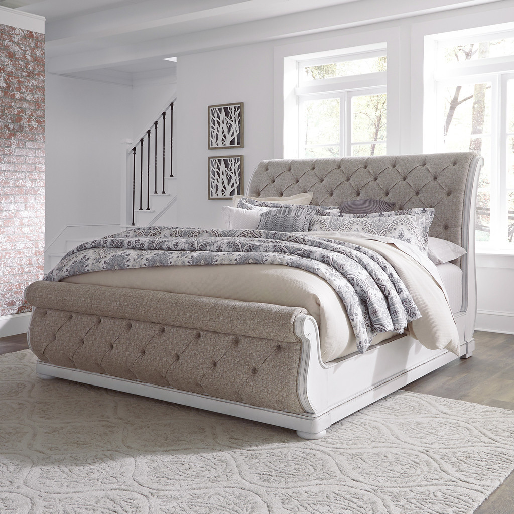 Magnolia Manor Antique White Queen Upholstered Sleigh Bed | 1stopbedrooms