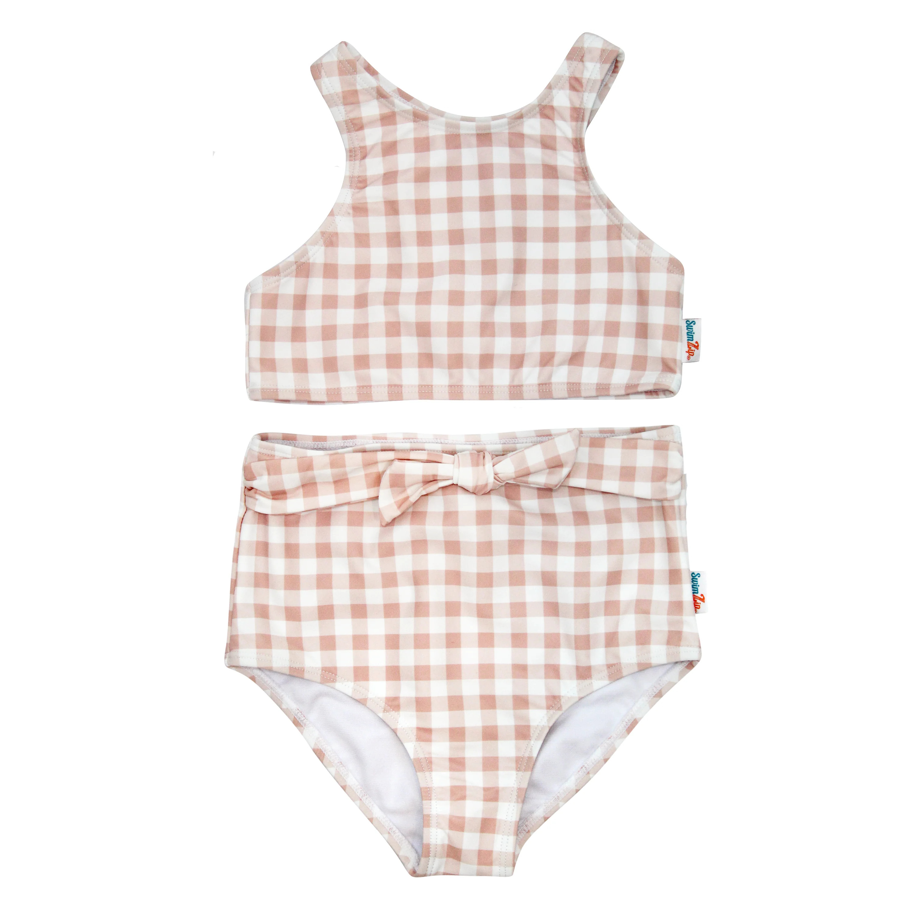 Girls Halter Top High-Waisted Set (2 Piece) | "Tied with a Bow" Pink Gingham | SwimZip