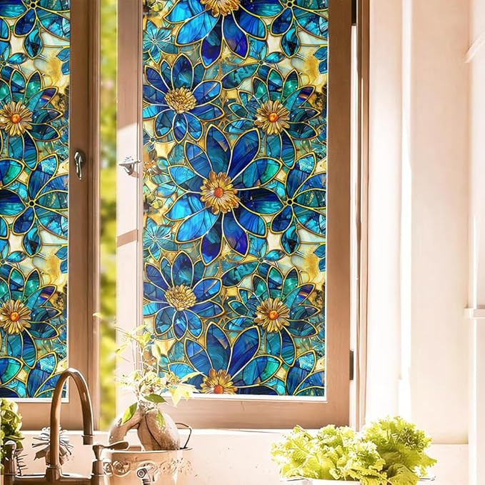 Vintage Blue Green Gold Flower Stained Glass Window Films Decorative Double-Side Privacy Film Sel... | Amazon (US)