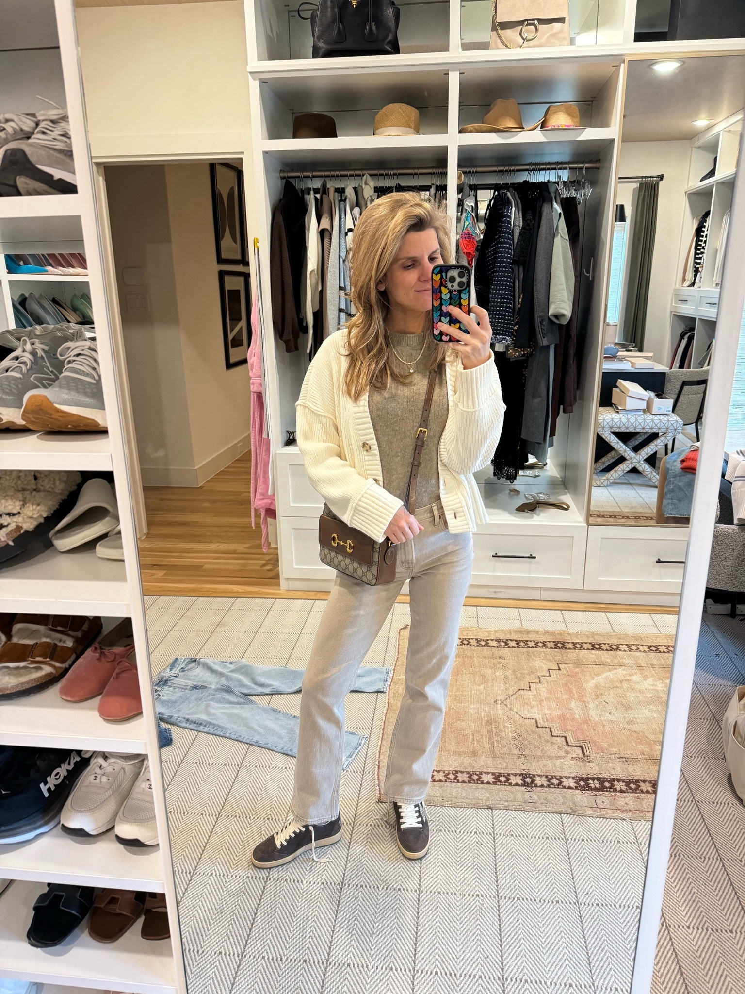 Sweater tee - XS
Cardigan - XS
jeans - short length 
Shoes - golden goose
Bag - Keeks 