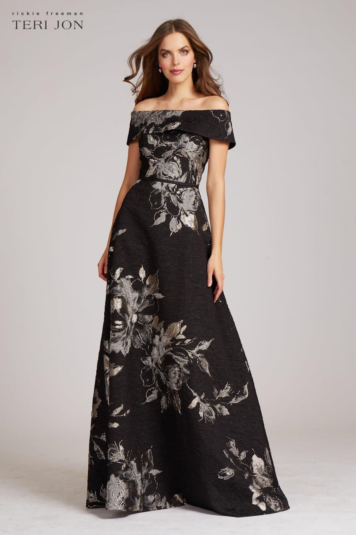 Large Floral Pattern Jacquard Off the Shoulder Gown | TERI JON