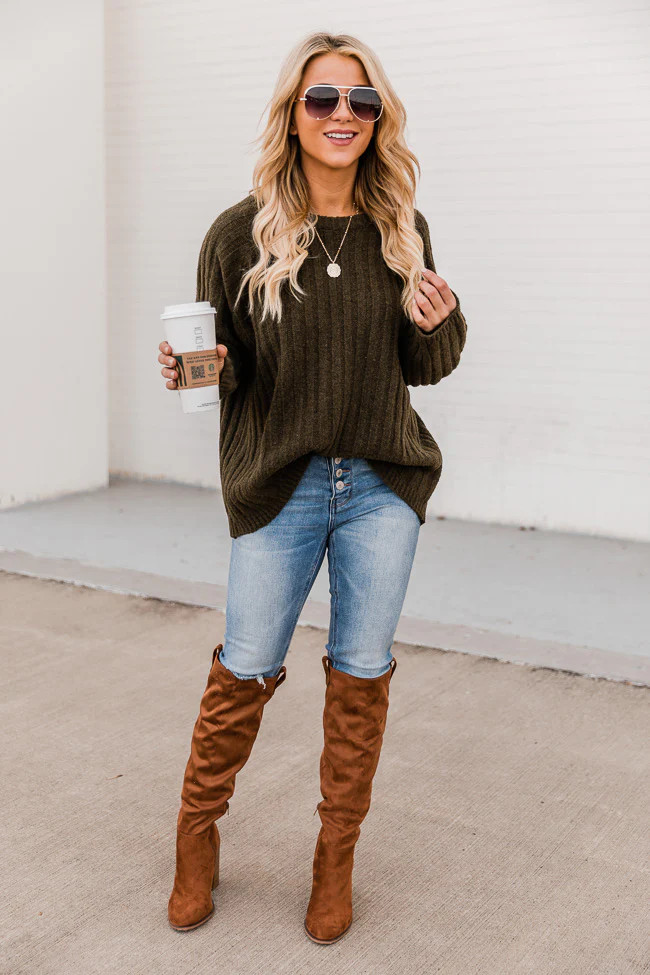 Next Step Olive Fuzzy Ribbed Sweater FINAL SALE | The Pink Lily Boutique