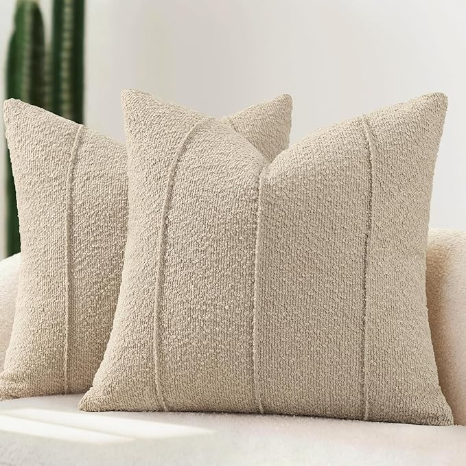 YCOLL Textured Boucle Throw Pillow Covers 20x20 Pack of 2 - Soft Neutral Striped Cushion Covers, ... | Amazon (US)