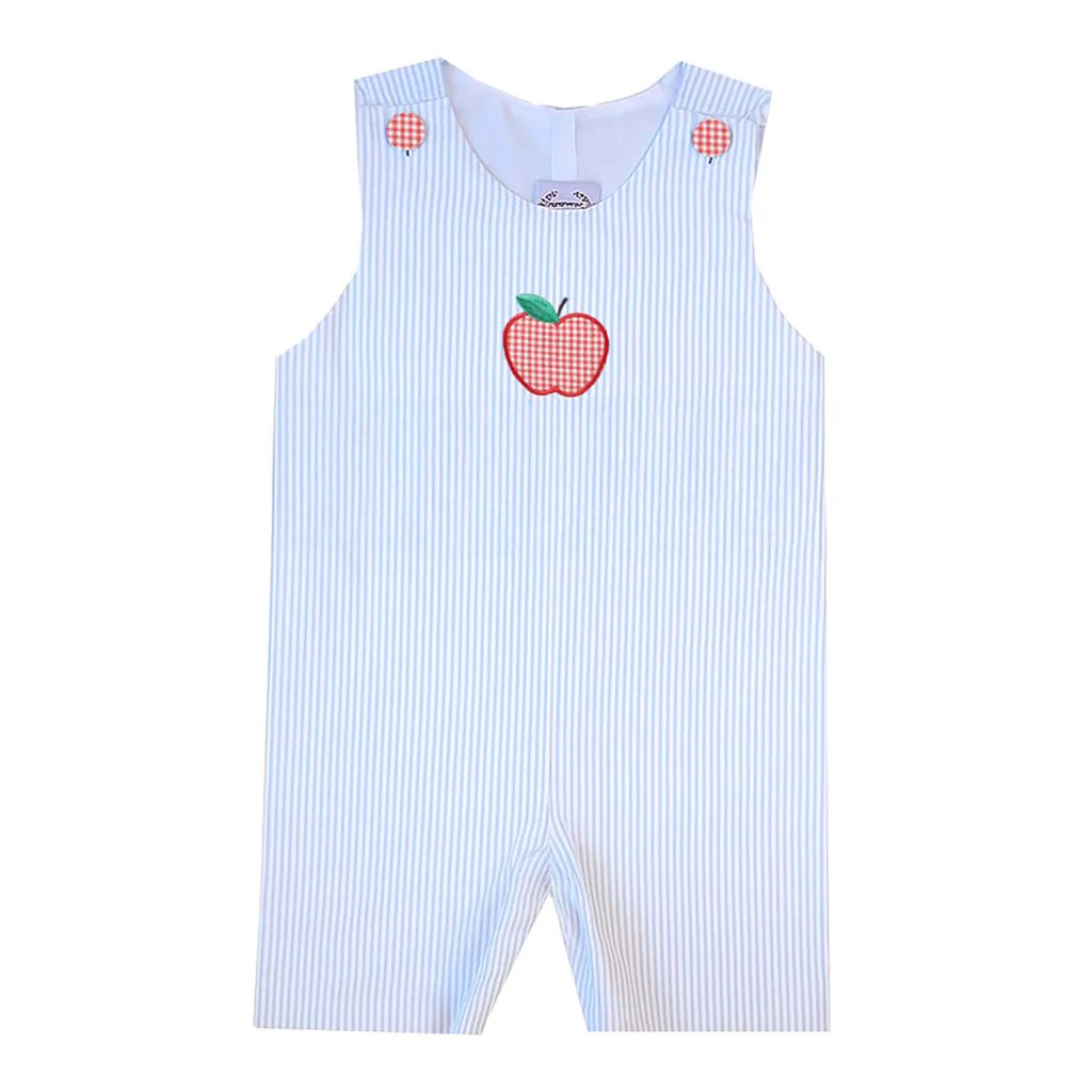 Blue Striped Apple Applique Shortall | The Bella Bean