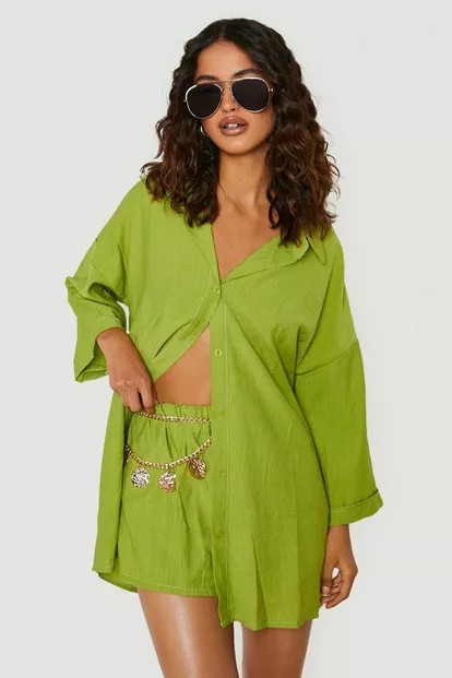 Textured Crinkle Oversized Shirt & Shorts Set | Boohoo.com (US & CA)