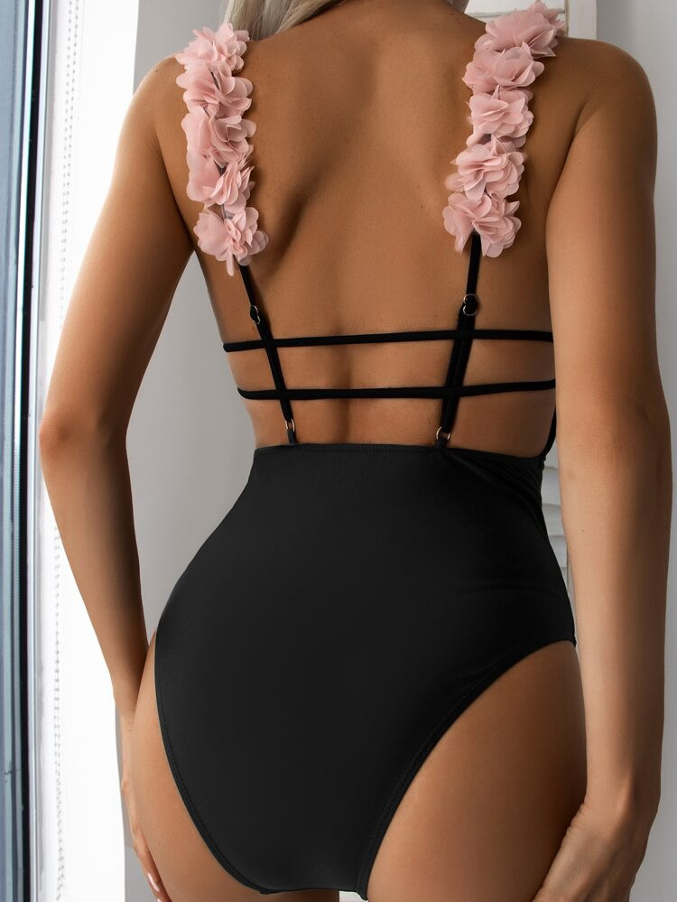 Solid Flower Decor One Piece Swimsuit | SHEIN