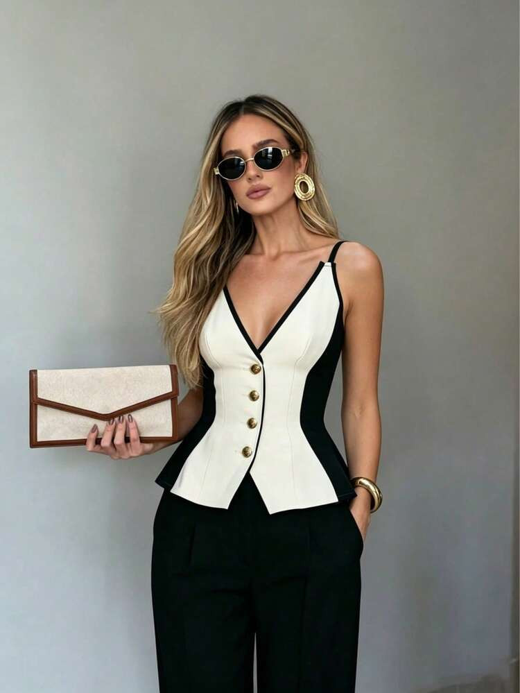 Women's Elegant Casual White & Black V-Neck Camisole Shirt, Suitable For Party, Business And Offi... | SHEIN
