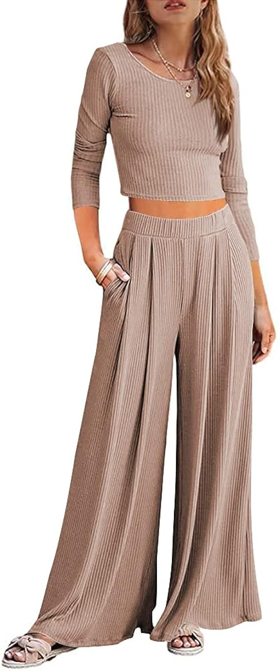 Lveberw Lounge Set Womens, Outfits Sets, Ribbed Crop Top Long Sleeve, Palazzo Pants - Loose Sweat... | Amazon (US)