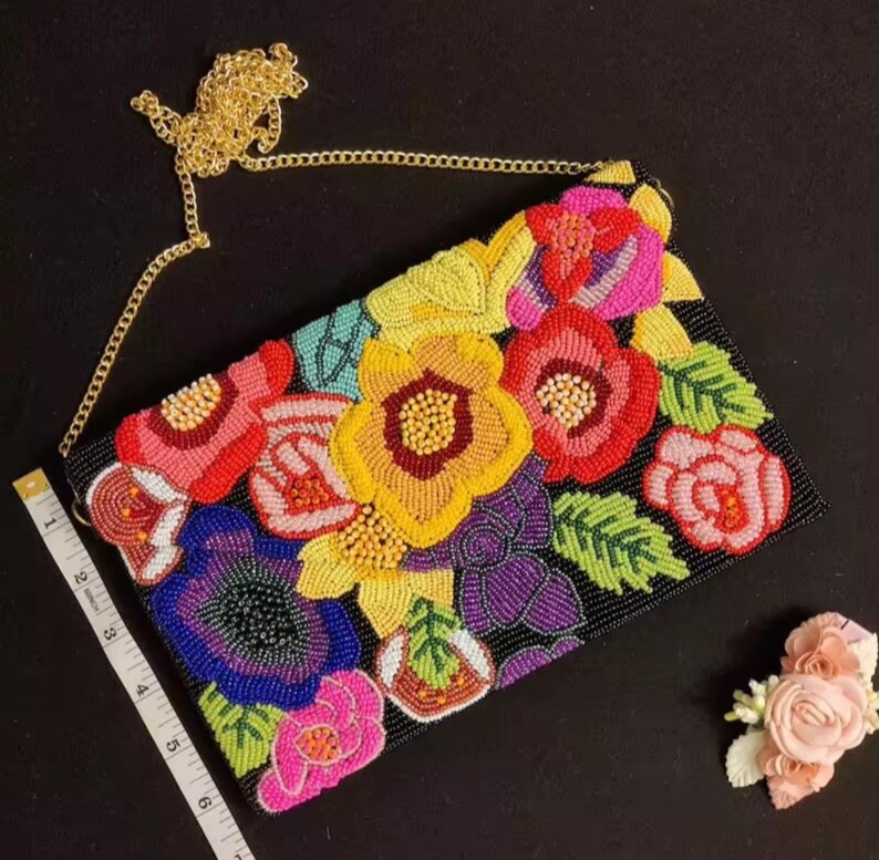 Black Beaded Clutch, Colorful Floral Party Purse, Crossbody Bag | Etsy (US)