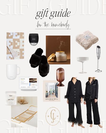 Cella Jane gift guide for the homebody. Personalized blanket, wine aerator, candle, coupe glasses, milk frother, coffee table book, match cloche, pajamas. 

#LTKHoliday #LTKstyletip