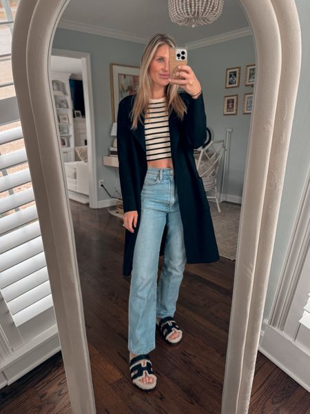 Ootd wearing Agolde denim, cropped stripe tank from H&M, long cardigan coat from Amazon, and Steve Madden slides. Wearing a 27 in jeans for a baggy fit  

#LTKstyletip #LTKfindsunder100 #LTKshoecrush
