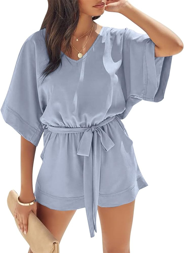 Women's Casual V Neck Rompers Short Sleeve Jumpsuit High Waist Belted One Piece Playsuit with Poc... | Amazon (US)