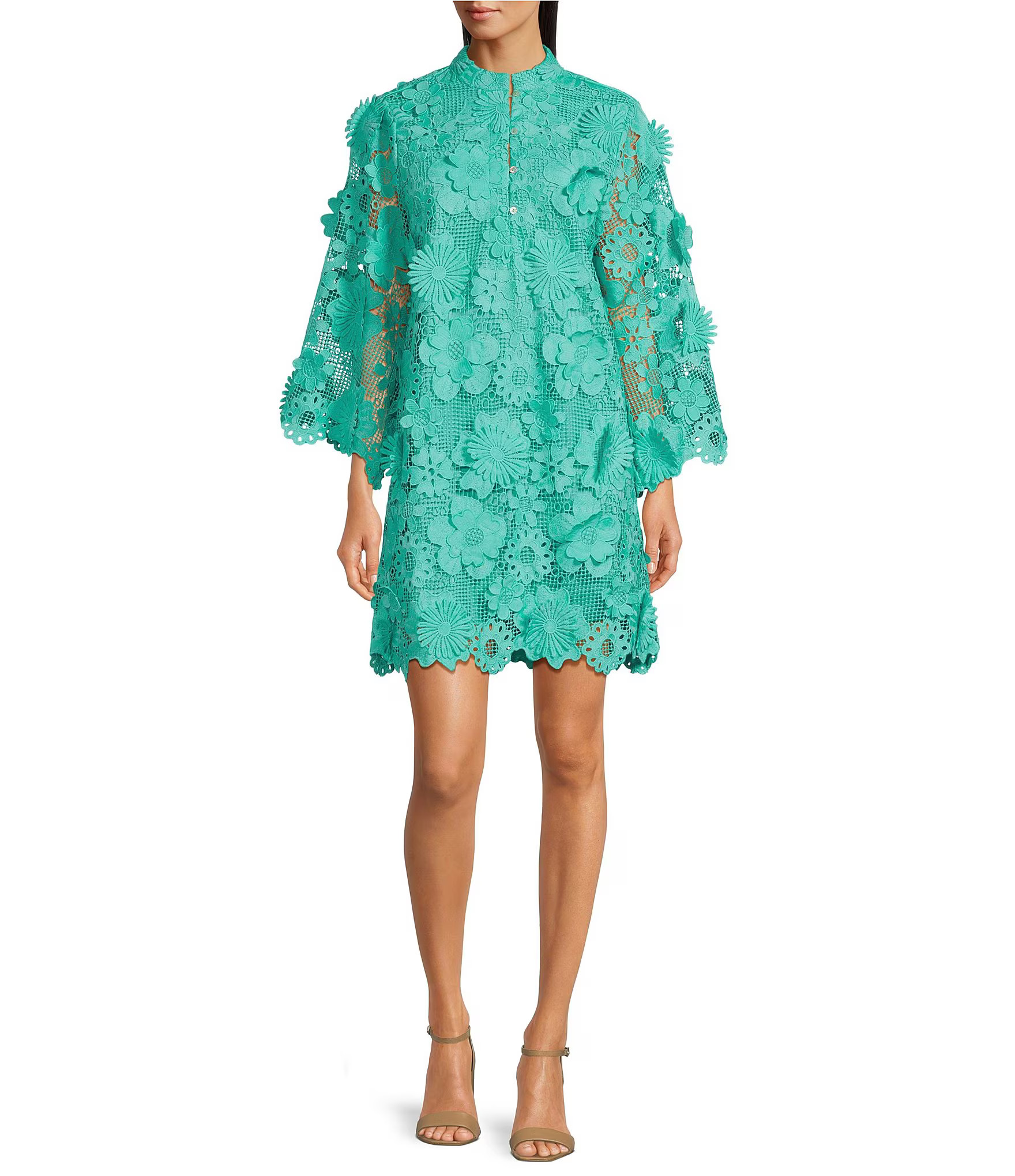 J.Marie Seraphina Floral 3D Lace Split Round Button Up Neck Long Sleeve Shift Dress | Dillard's | Dillard's