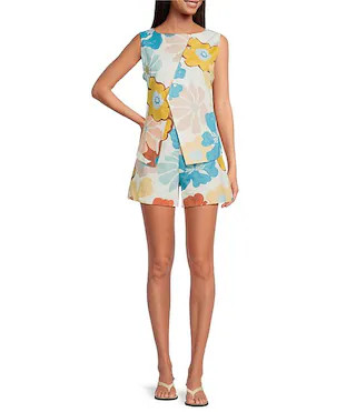 Cosima Floral Print Crew Neck Sleeveless Asymmetrical Button-Down Coordinating Linen Blend Top | Dillard's