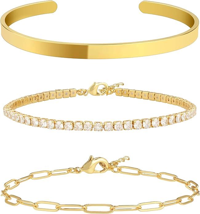Reoxvo Gold Bracelets for Women Stack 14K Gold Plated Bangle Cuff Bracelet Set for Women Non Tarn... | Amazon (US)