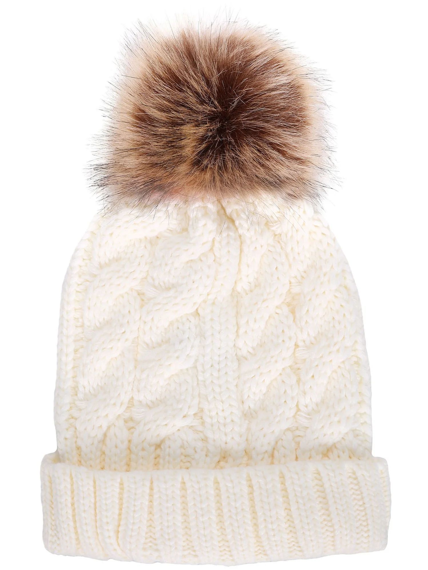 Men / Women's Winter Hand Knit Faux Fur Pompoms Beanie Hat White - Walmart.com | Walmart (US)