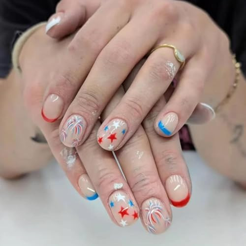 Independence Day Press on Nails Short Square Fake Nails with Star Fireworks Design Glossy Blue Red White Nails Press on French Tips Glue on Nails Summer 4th of July Acrylic Nail for Women 24Pcs | Amazon (US)